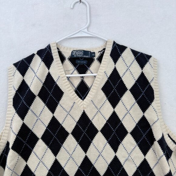 Polo Ralph Lauren Sweater Mens XL Cream Argyle Diamond V Neck Pullover Knit - Picture 2 of 8